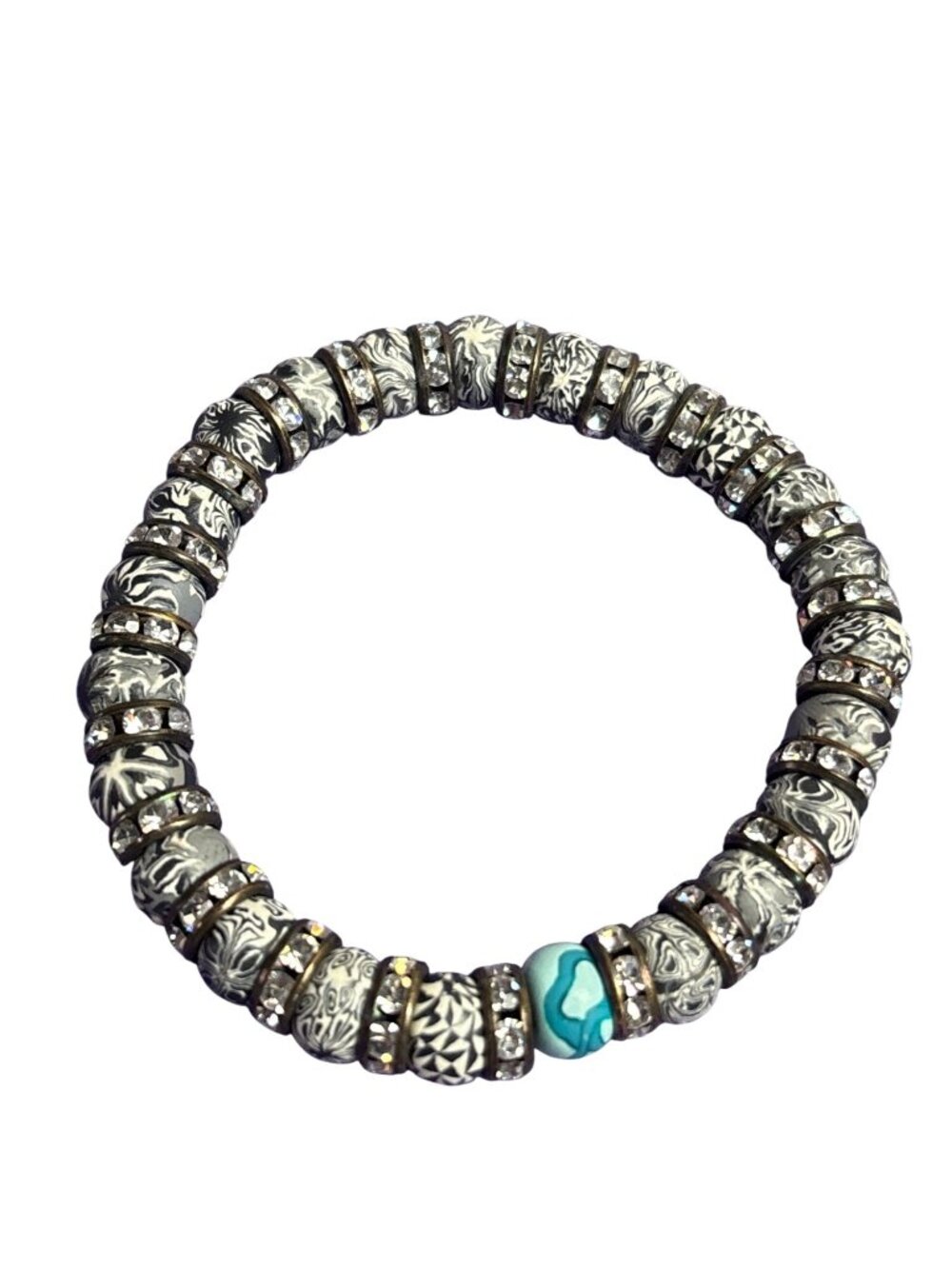 Beaded Stretchy Bracelet Patterned Black White Blue Silvertone Clear Rhinestones